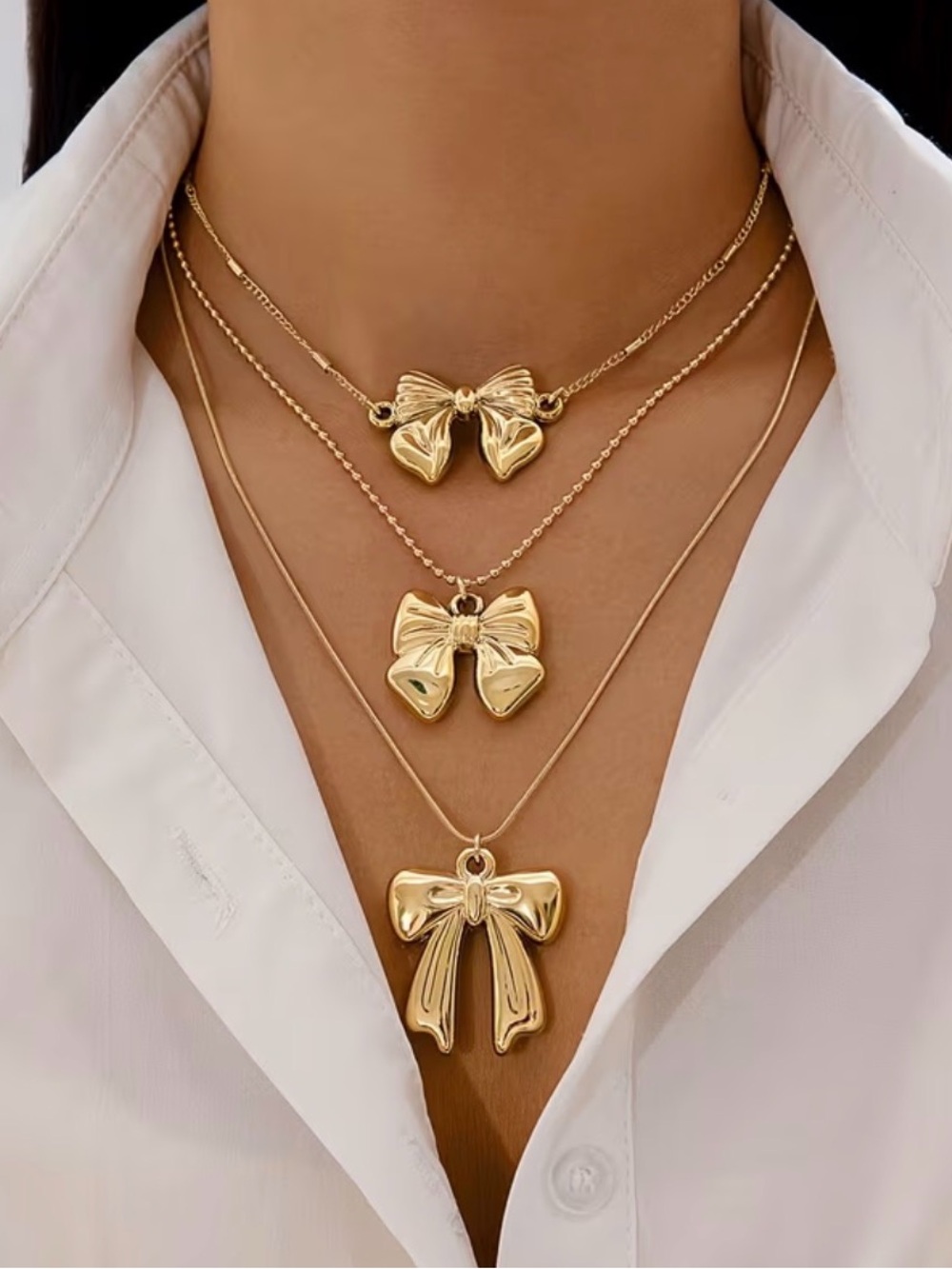 Gold Bow Layered Necklace Set - Elegant Women’s Jewelry